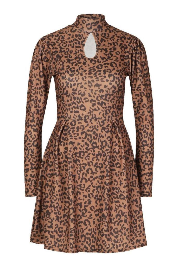 Womens Leopard High Neck Skater Dress - brown - 14, Brown