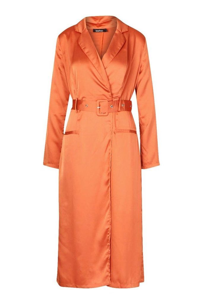 Womens Satin Plunge Wrap Shirt Dress - orange - 14, Orange