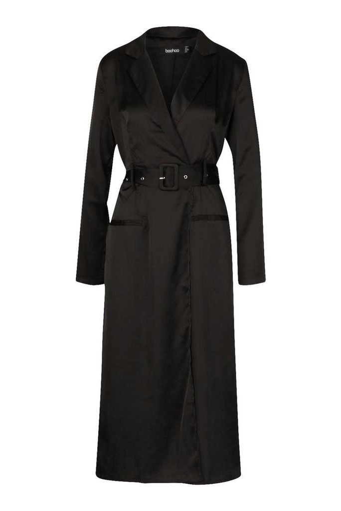 Womens Satin Plunge Wrap Shirt Dress - black - 16, Black