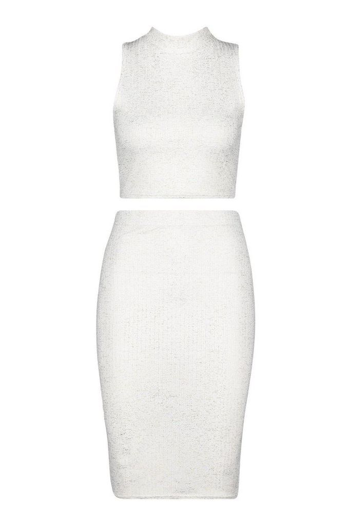 Womens Metallic Rib High Neck Top & Mini Skirt Co-Ord - white - 14, White