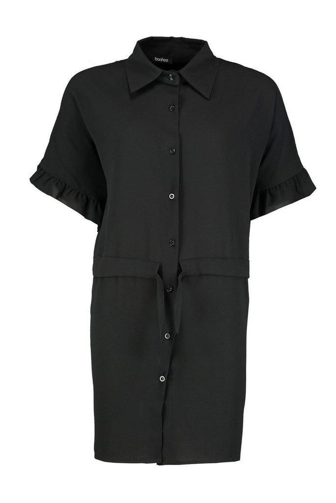 Womens Frill Sleeve Tie Waist Shirt Dress - black - 12, Black