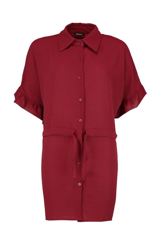 Womens Frill Sleeve Tie Waist Shirt Dress - red - 10, Red