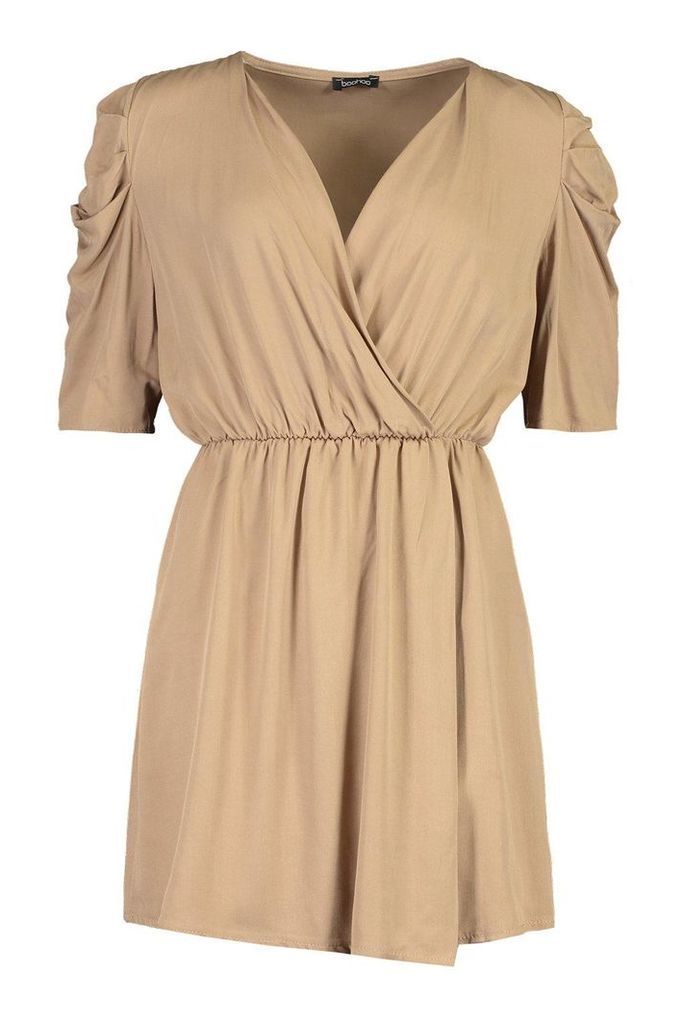 Womens Volume Sleeve Wrap Detail Dress - beige - 12, Beige