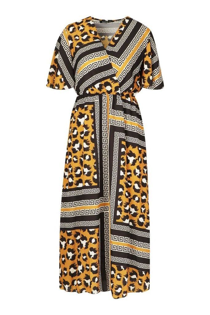 Womens Leopard Geo Print Ruffle Sleeve Midaxi Dress - yellow - 6, Yellow