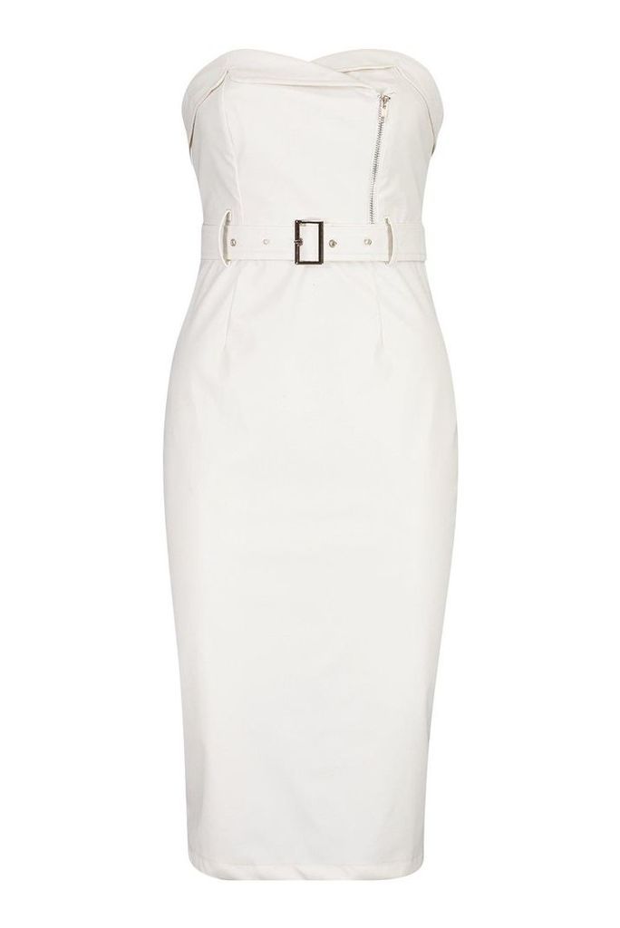 Womens Bandeau Leather Look Belted Midi Dress - white - 10, White