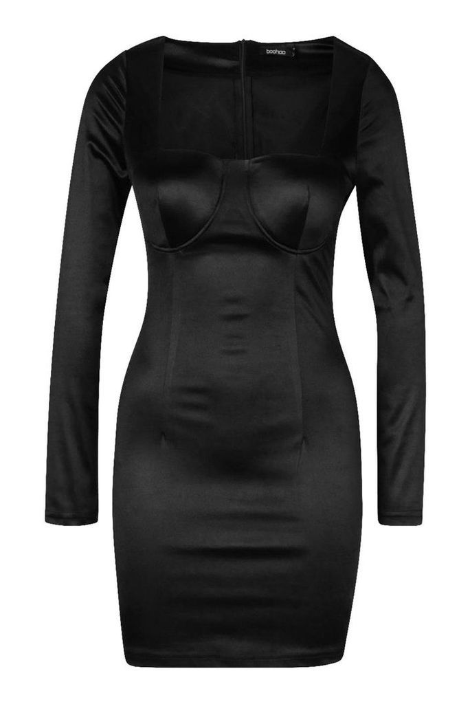 Womens Square Neck Bust Detail Dress - black - 8, Black