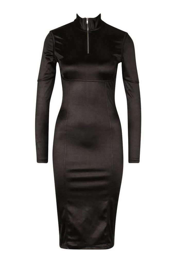 Womens Stretch Satin Zip Funnel Neck Midi Dress - black - 6, Black