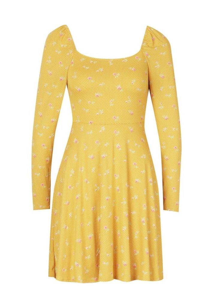 Womens Polka Dot Square Neck Long Sleeve Skater Dress - yellow - 12, Yellow