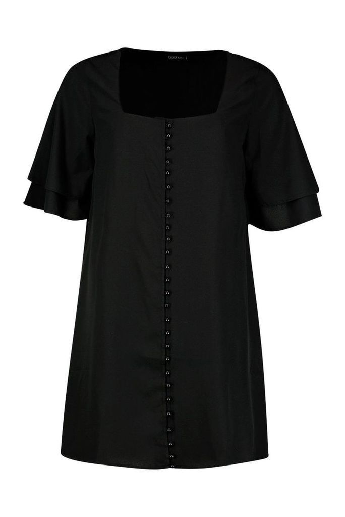 Womens Woven Double Frill Sleeve Shift Dress - black - 10, Black