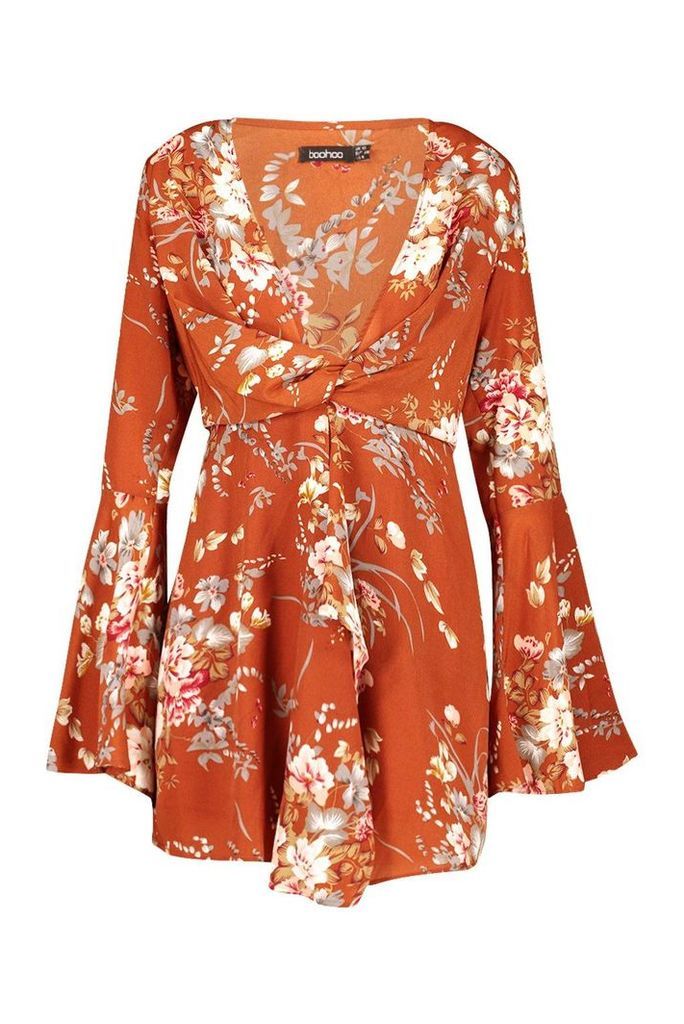 Womens Floral Print Plunge Front Twist Shift Dress - orange - 12, Orange