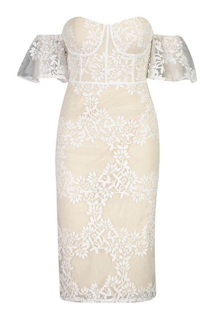 Womens Embroidered Off Shoulder Midi Dress - white - 16, White
