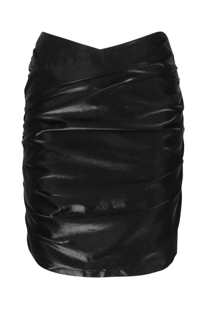Womens Metallic Ruched Wrap Front Mini Skirt - black - 14, Black