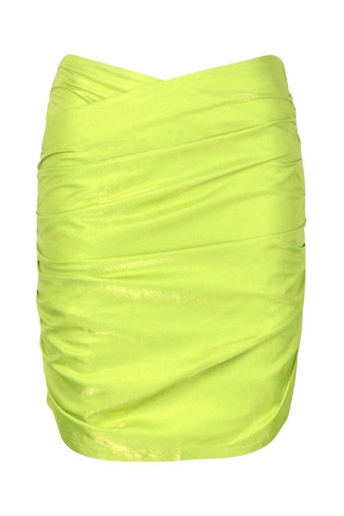 Womens Metallic Ruched Wrap Front Mini Skirt - green - 6, Green