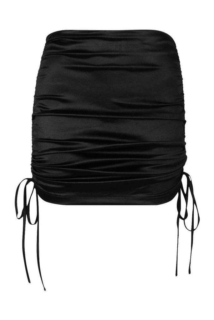 Womens Ruched Stretch Satin Mini Skirt - black - 14, Black