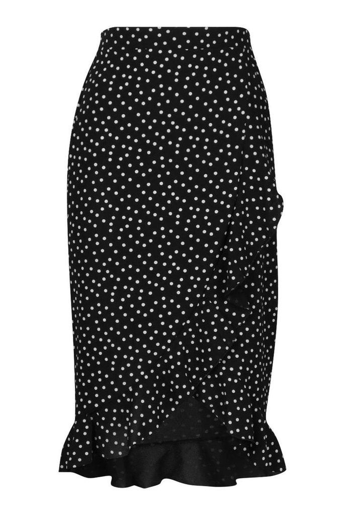 Womens Polka Dot Ruffle Midi Skirt - Black - 16, Black