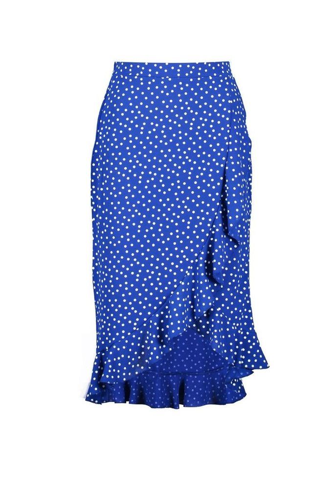 Womens Polka Dot Ruffle Midi Skirt - Blue - 16, Blue