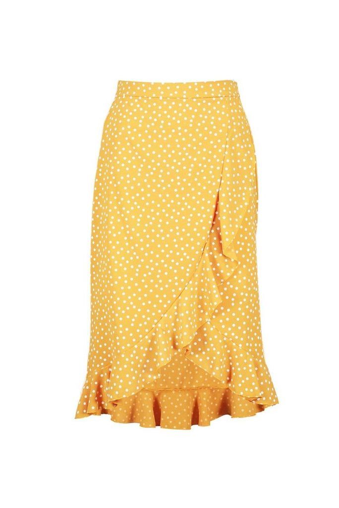 Womens Polka Dot Ruffle Midi Skirt - Yellow - 14, Yellow