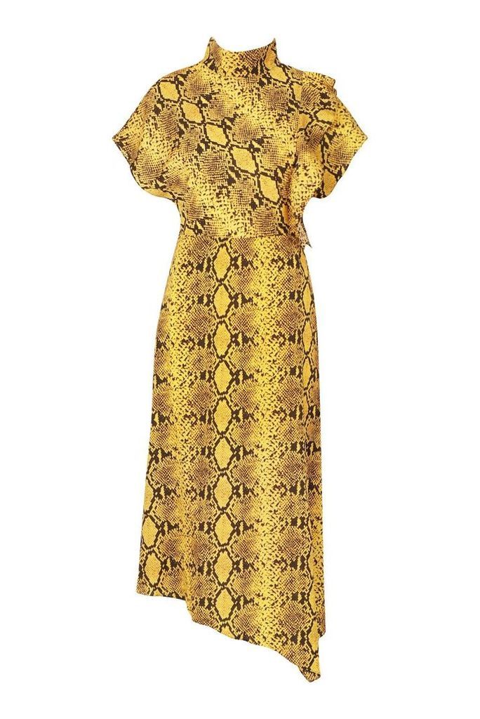 Womens High Neck Ruffle Front Snake Midi Dress - yellow - 12, Yellow