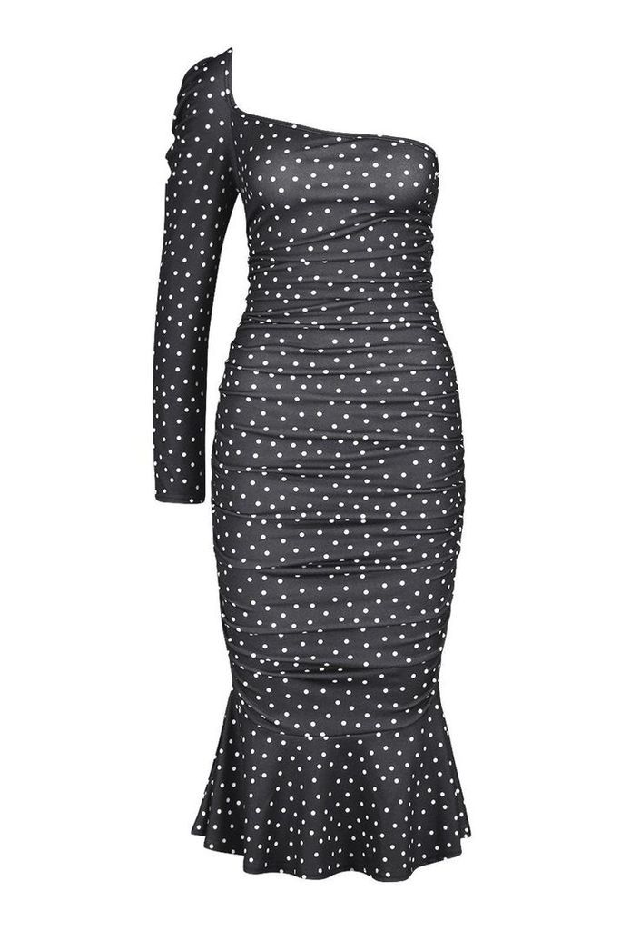 Womens Spot One Shoulder Fishtail Midi Dress - black - 6, Black