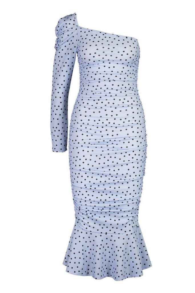 Womens Spot One Shoulder Fishtail Midi Dress - cornflower blue - 6, Cornflower Blue