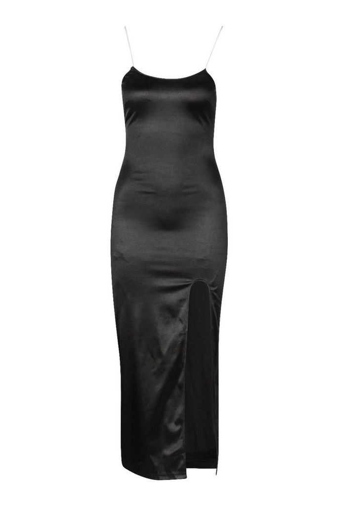 Womens Stretch Satin Clear Strap Midaxi Dress - black - 14, Black