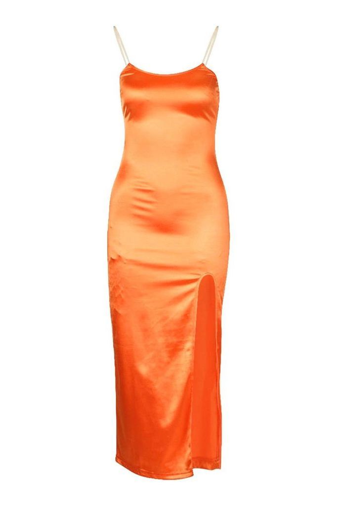 Womens Stretch Satin Clear Strap Midaxi Dress - orange - 14, Orange