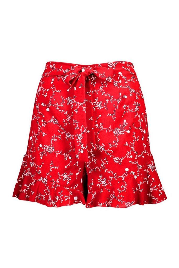 Womens Ditsy Print Ruffle Short - red - 8, Red