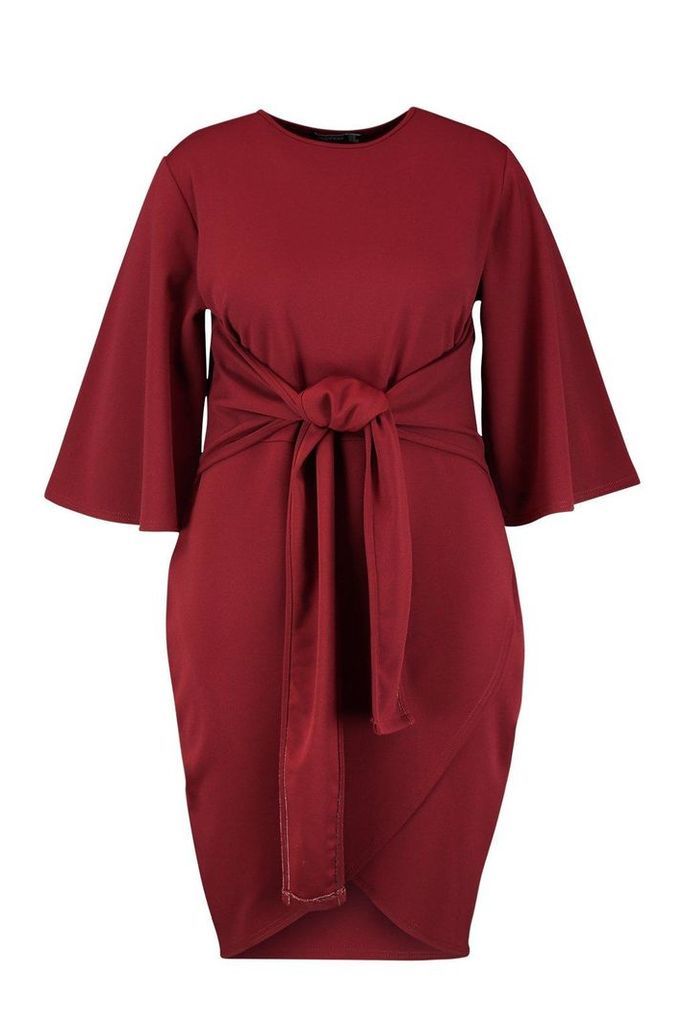 Womens Plus Kimono Sleeve Tie Waist Wrap Dress - maroon - 28, Maroon