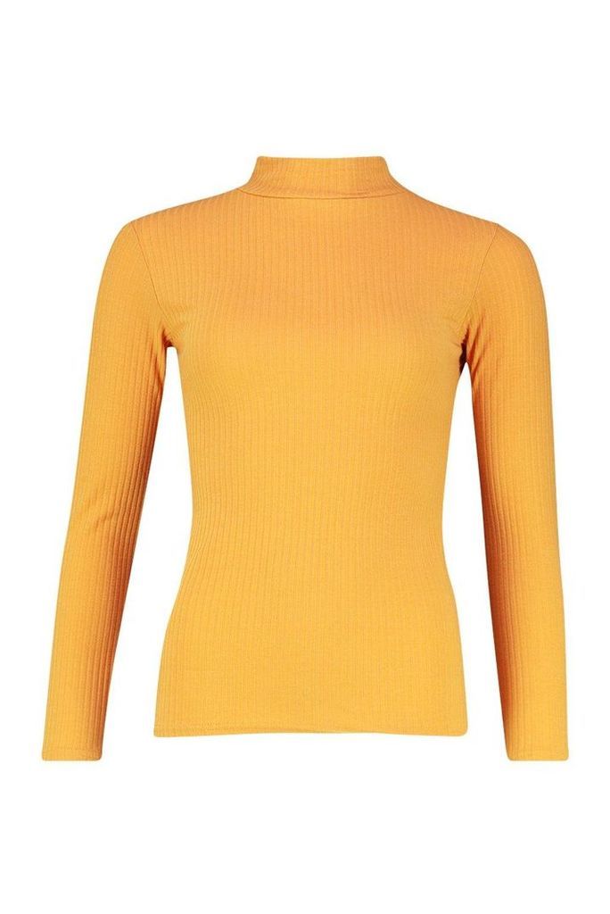 Womens roll/polo neck Rib Knit Jumper - yellow - 12, Yellow