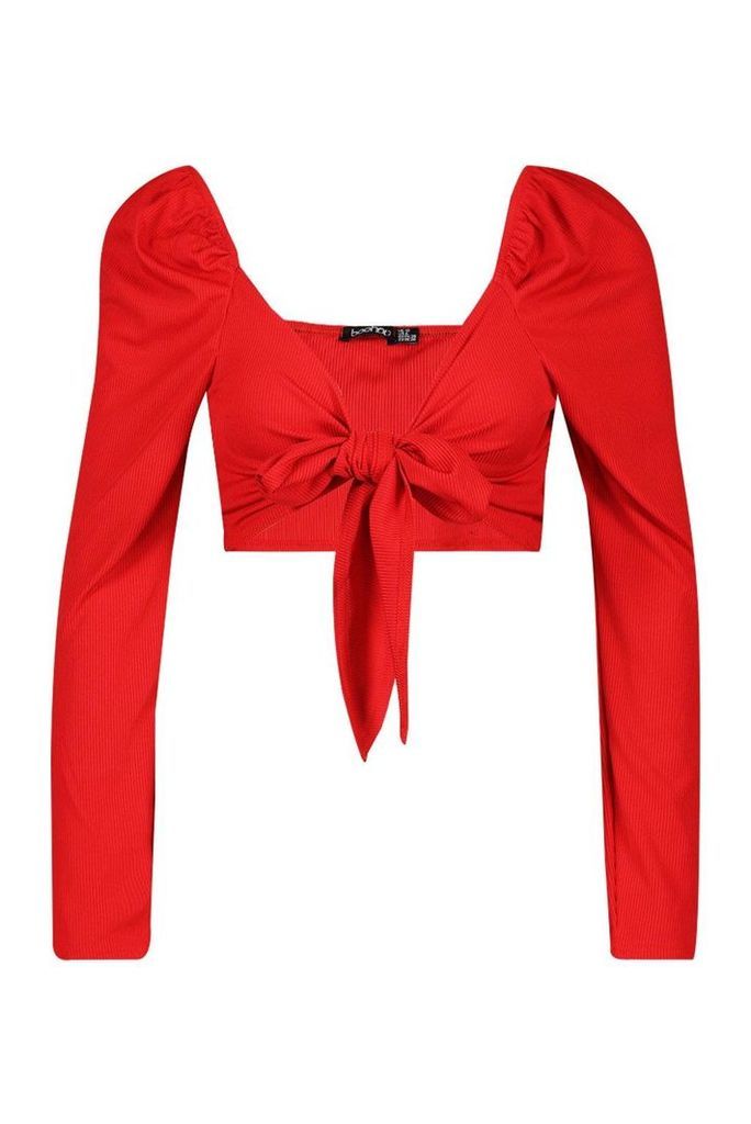 Womens Puff Shoulder Tie Front Top - red - 12, Red