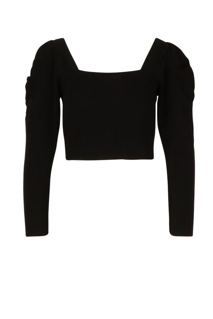 Womens Puff Sleeve Knitted Top - black - 14, Black
