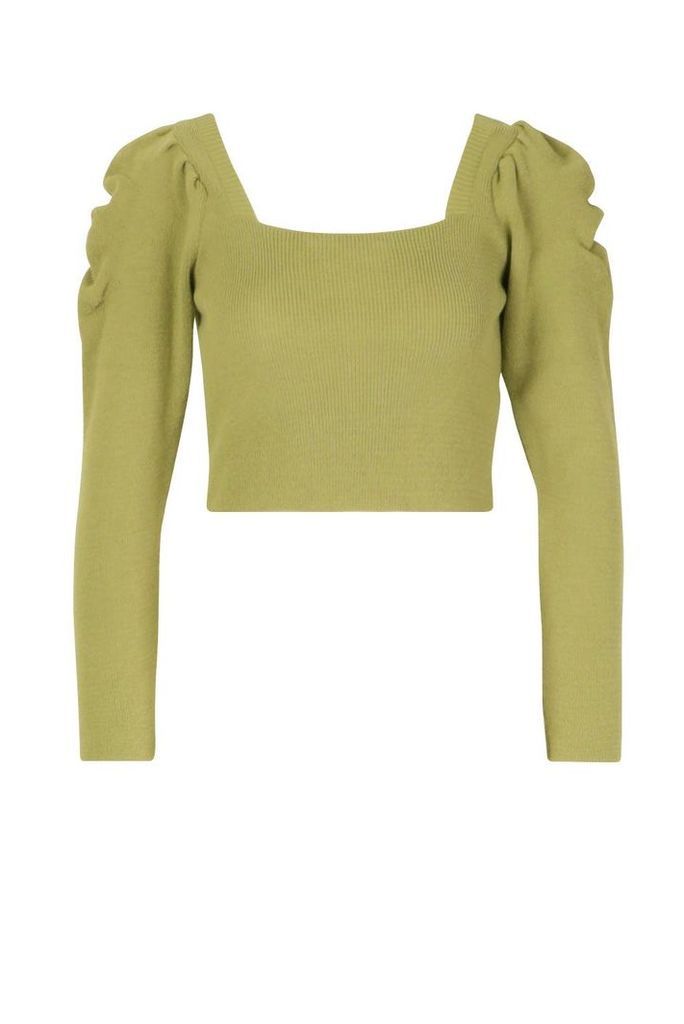 Womens Puff Sleeve Knitted Top - green - 14, Green
