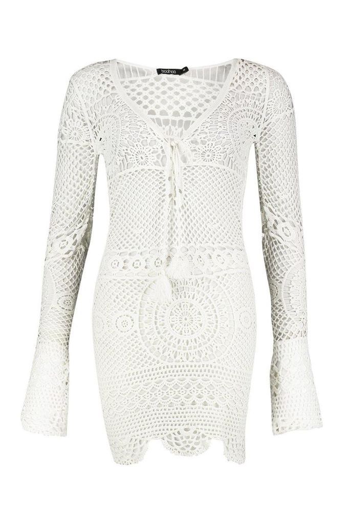 Womens Crochet Knit Plunge Tassel Detail Mini Dress - white - L, White