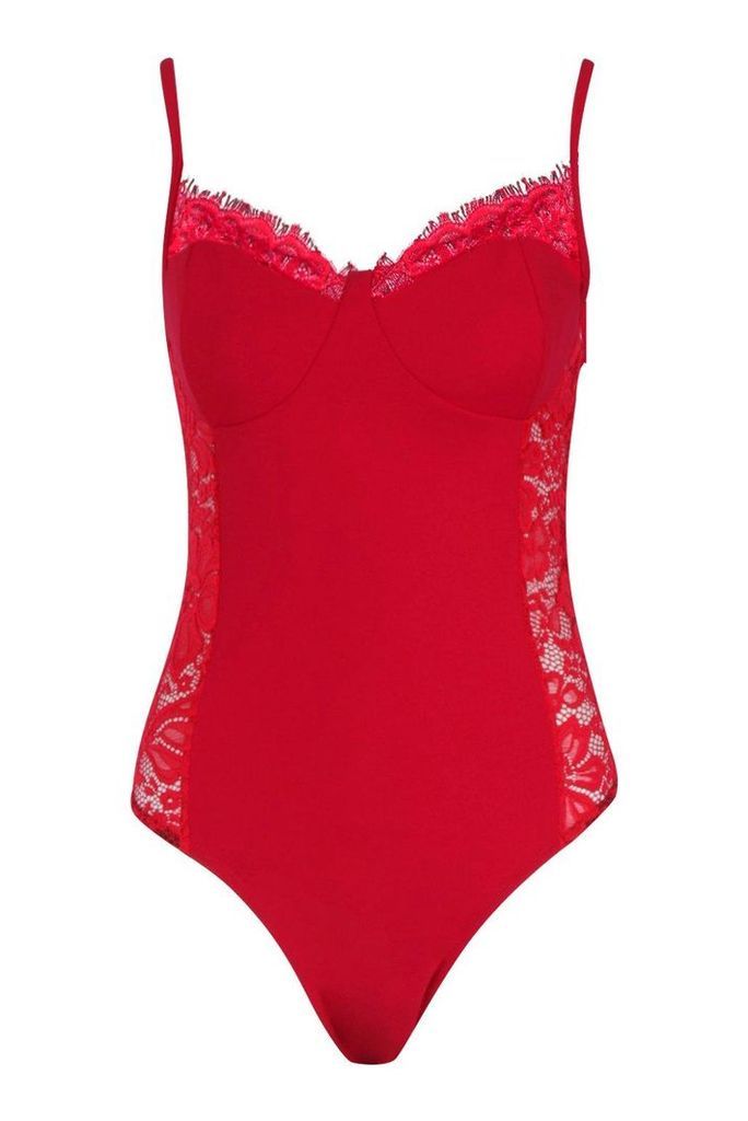 Womens Tall Lace Trim Bodysuit - red - 8, Red