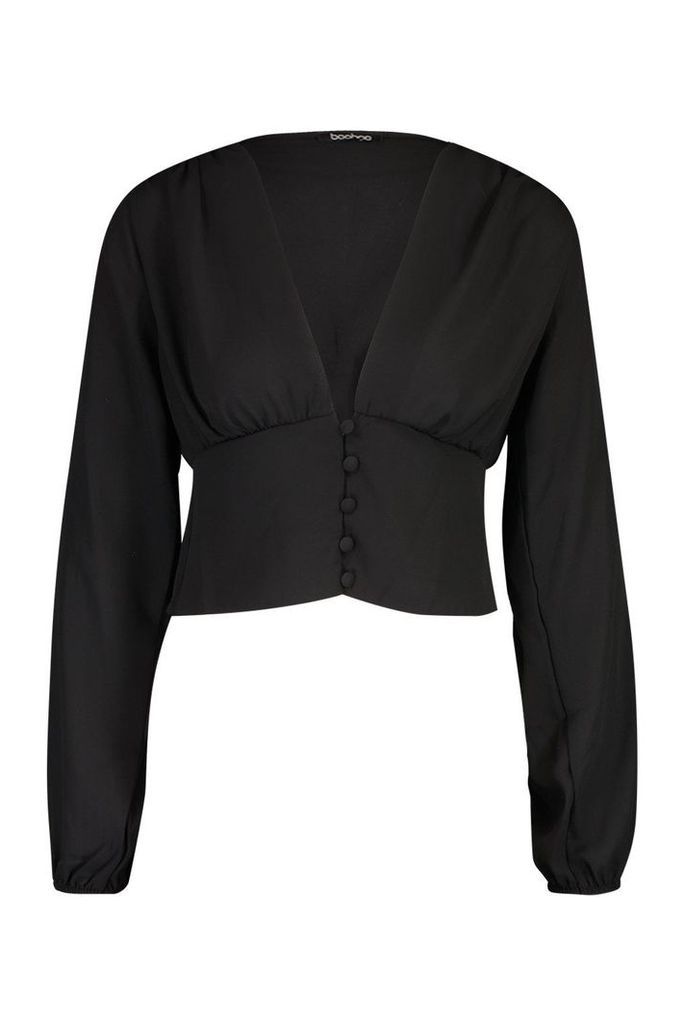 Womens Volume Sleeve Button Detail Woven Blouse - Black - 14, Black