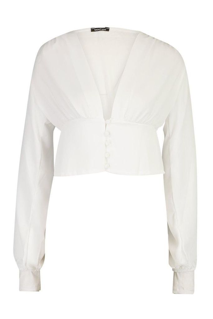 Womens Volume Sleeve Button Detail Woven Blouse - White - 12, White