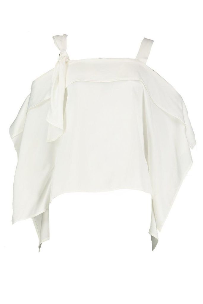 Womens Satin Knot Detail Cold Shoulder Top - White - 8, White