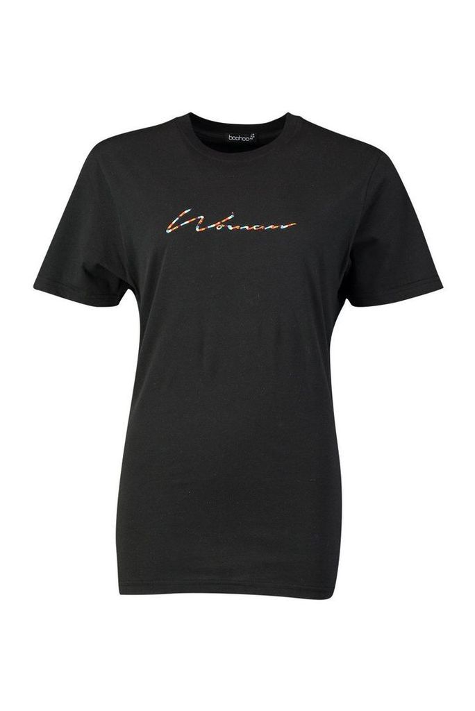 Womens Rainbow Embroidered Woman Script Slogan T-Shirt - black - 10, Black