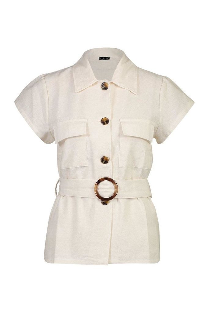 Womens Linen Utility Pocket Belted Shirt - beige - 8, Beige