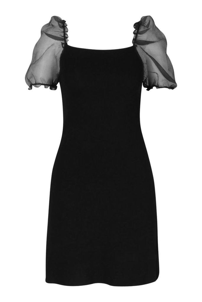 Womens Organza Puff Sleeve Rib Knit Dress - black - M/L, Black