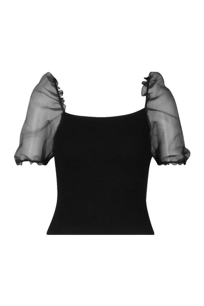 Womens Short Sleeve Organza Puff Sleeve Top - Black - S, Black