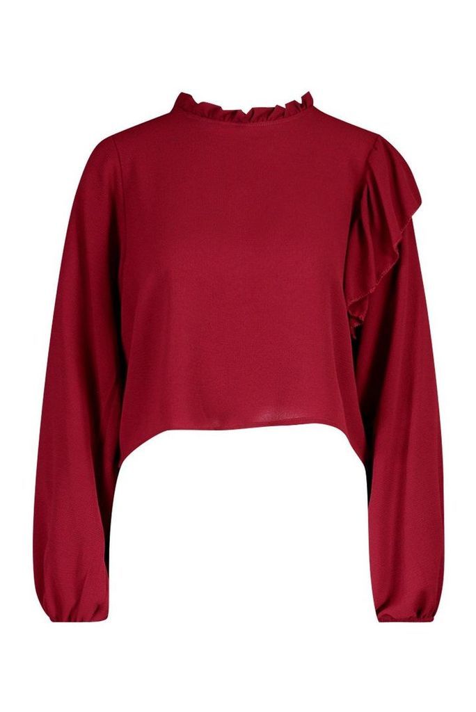 Womens High Neck Frill Detail Long Sleeve Top - red - 14, Red