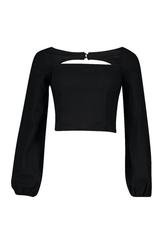 Womens Woven Square Neck Oversized Sleeve Top - Black - 8, Black