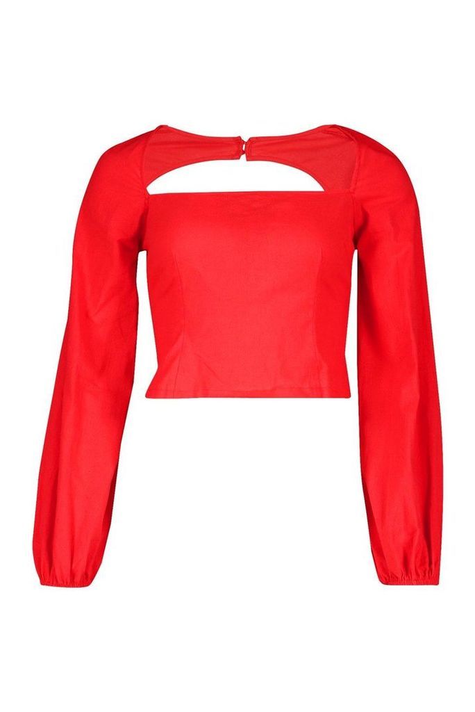 Womens Woven Square Neck Oversized Sleeve Top - Red - 8, Red