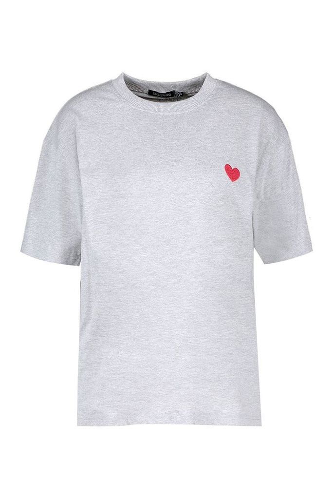 Womens Heart Embroidered T-Shirt - grey - 8, Grey