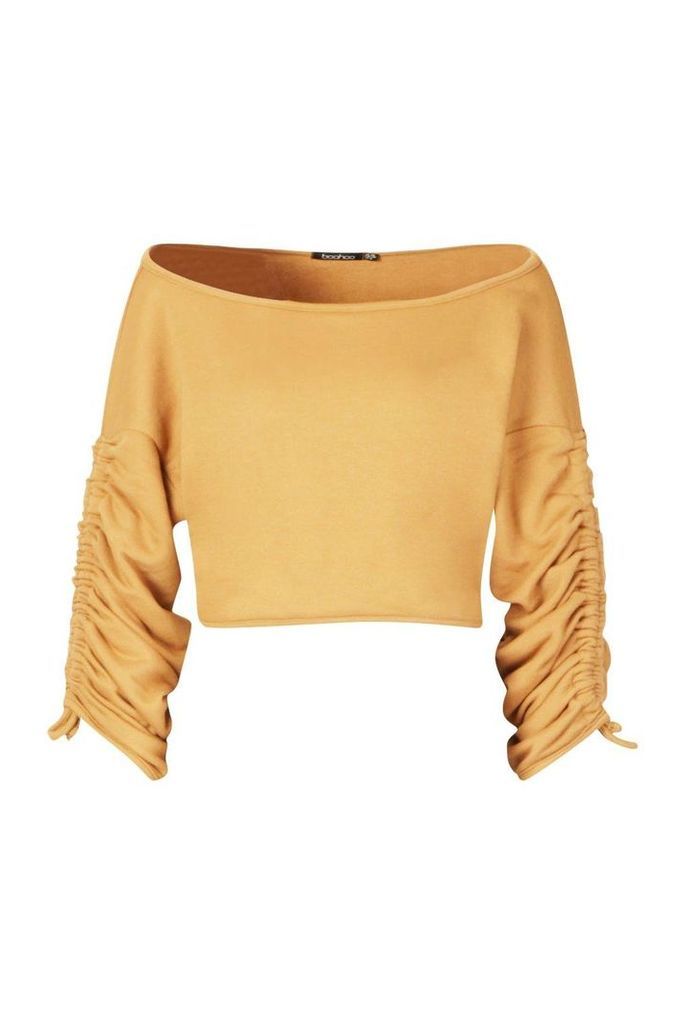 Womens Ruched Sleeve Crop Sweatshirt - beige - 8, Beige