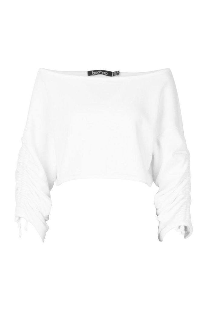 Womens Ruched Sleeve Crop Sweatshirt - white - 14, White