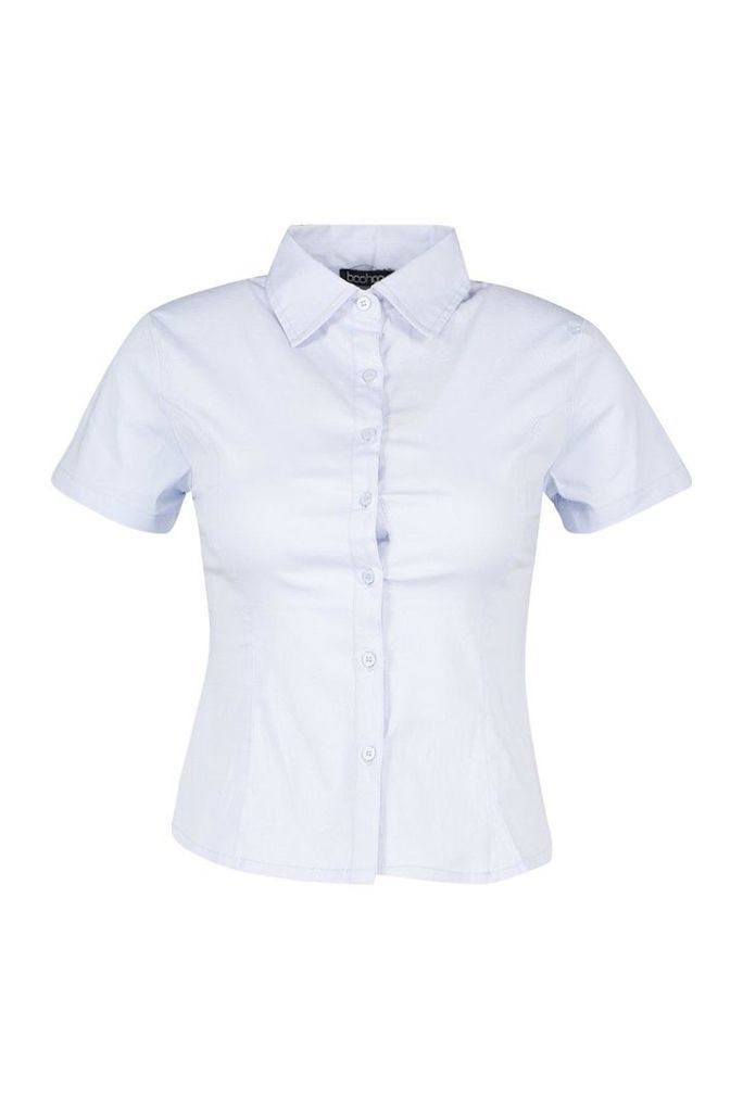 Womens Basic Short Sleeve Work Wear Cotton Shirt - blue - 10, Blue