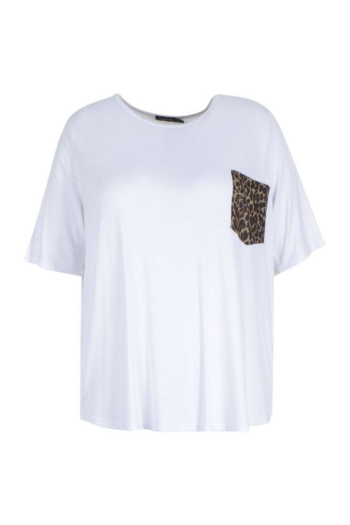 Womens Plus Contrast Leopard Pocket T-Shirt - white - 22, White