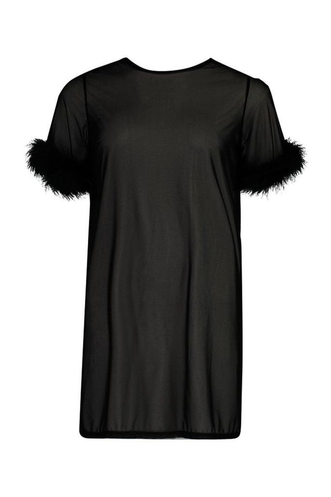 Womens Feather Trim Mesh T-Shirt Dress - black - 10, Black